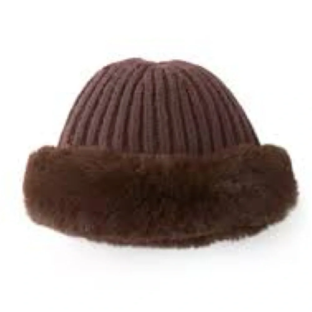 Anthropologie New One Size Brown Ribbed Knit Hat with Faux Fur Trim